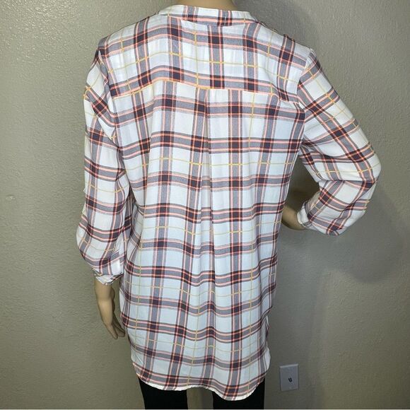 Penelope Long Sleeve Plaid Pattern Lightweight Blouse Cream Neon Coral Black Med - Picture 7 of 11